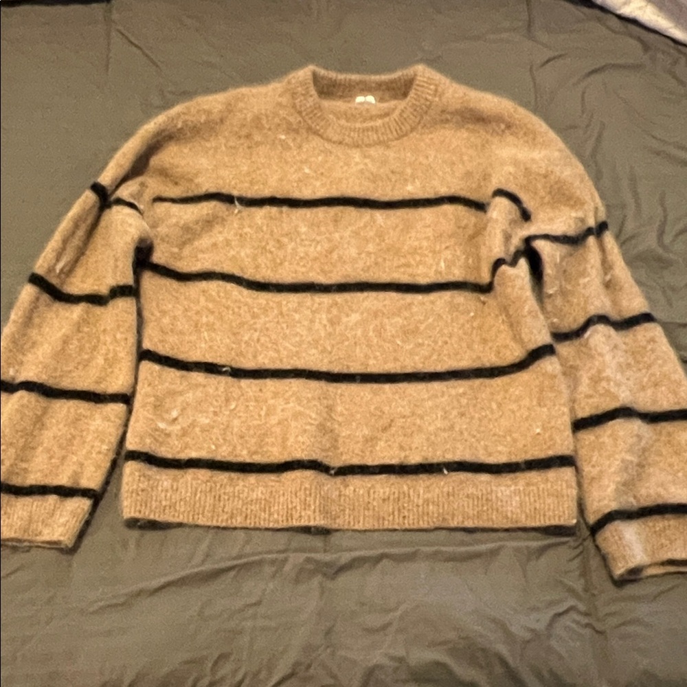 Arket Beige and Black Striped Crew Neck Sweater